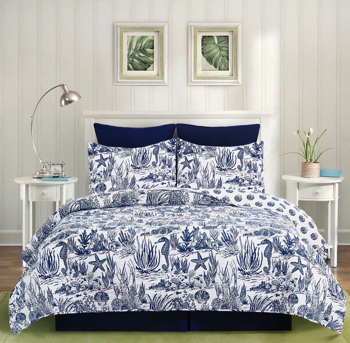 Blue Reef Reversible Quilt Set - Navy Blue & White  Seahorses, Starfish, Seashells, plant life, coral - Seashell Reverse - Coastal Compass Home Decor