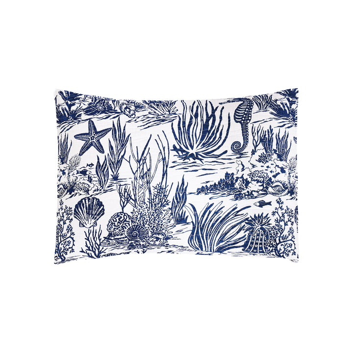 Blue Reef Reversible Quilt Set - Navy Blue & White  Seahorses, Starfish, Seashells, plant life, coral - Seashell Reverse - Pillow Sham - Coastal Compass Home Decor