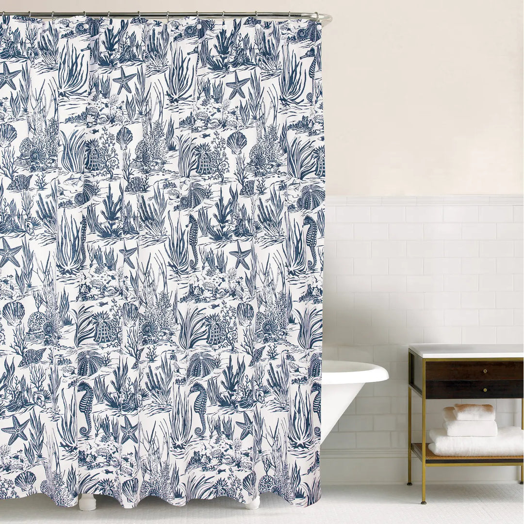 Blue Reef Shower Curtain - Seahorses, Starfish, coral - Navy Blue on White - Coastal Compass Home Decor