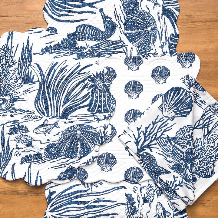 Blue Reef Table Linens - Sea shells, starfish, seahorses, fish, coral - Navy & White - Coastal Compass Home Decor