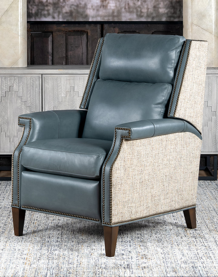 Blue Sky Leather Recliner - Authentic Blue Leather - Neutral beige fabric back - Brass nailheads - Walnut wood legs - American Made - Coastal Compass Home Decor