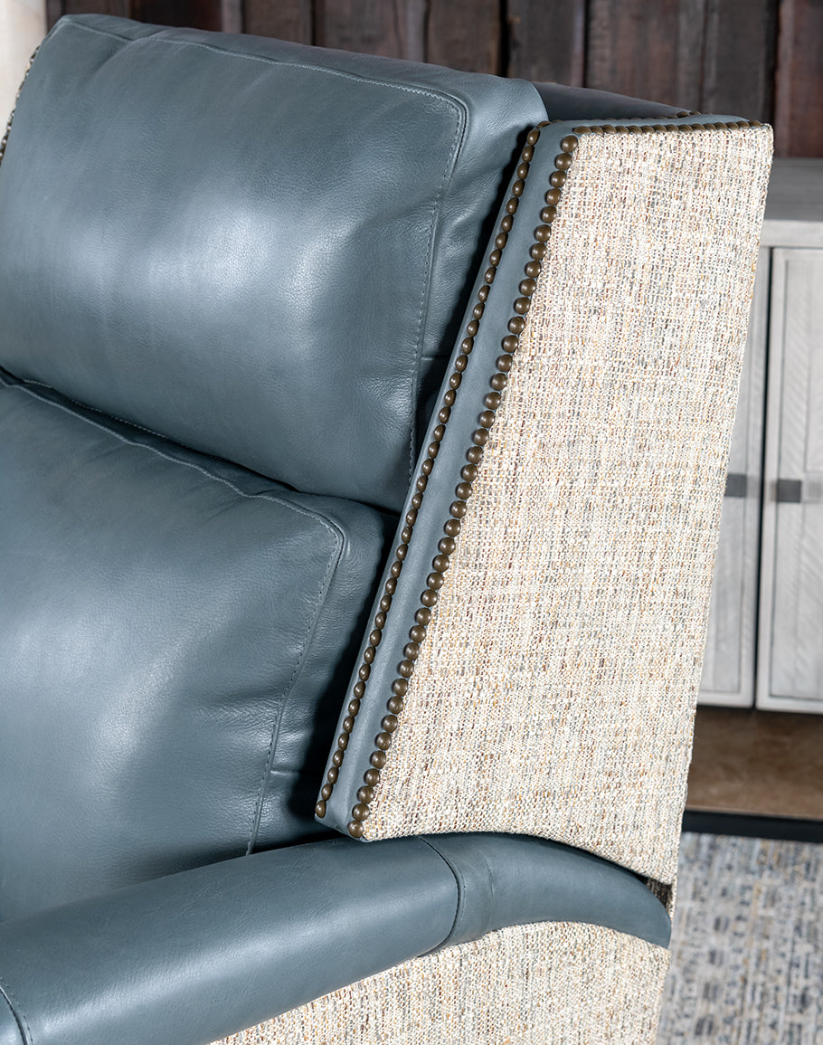 Blue Sky Leather Recliner - Authentic Blue Leather - Neutral beige fabric back - Brass nailheads - Walnut wood legs - American Made - Coastal Compass Home Decor