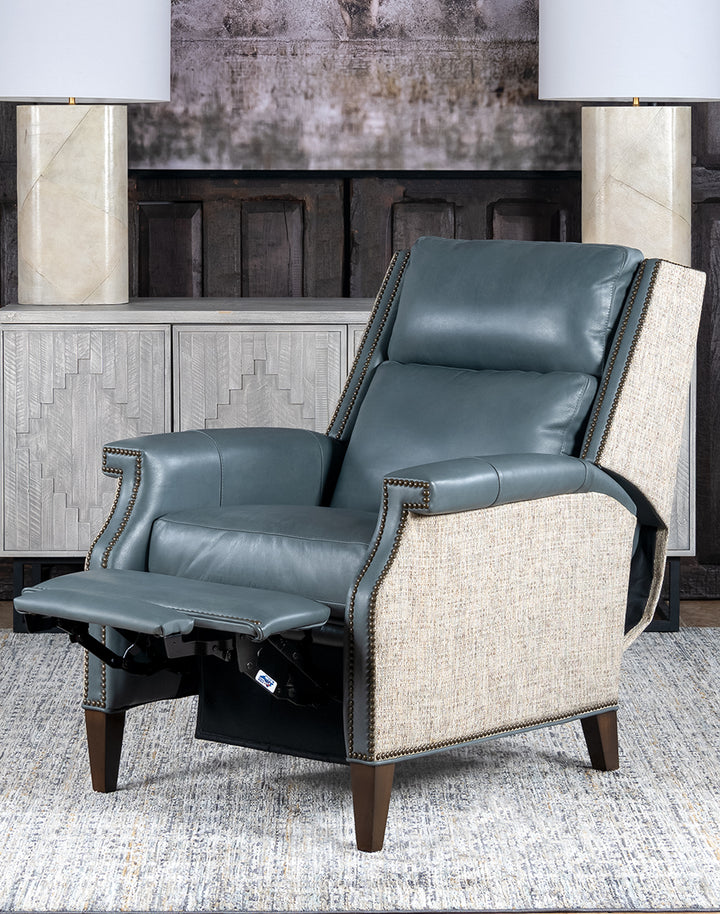 Blue Sky Leather Recliner - Authentic Blue Leather - Neutral beige fabric back - Brass nailheads - Walnut wood legs - American Made - Coastal Compass Home Decor