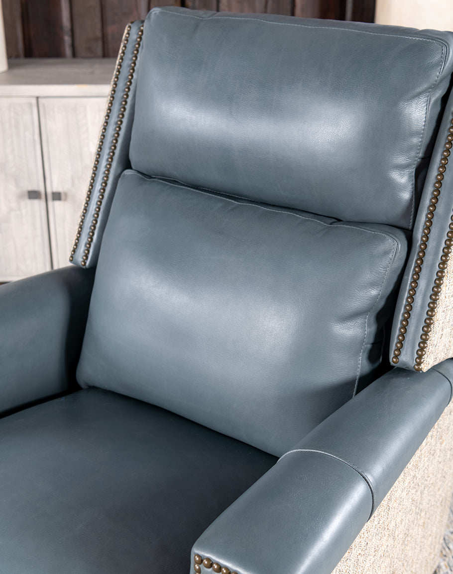 Blue Sky Leather Recliner - Authentic Blue Leather - Neutral beige fabric back - Brass nailheads - Walnut wood legs - American Made - Coastal Compass Home Decor