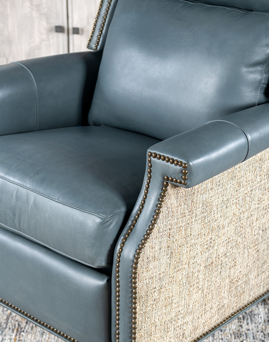 Blue Sky Leather Recliner - Authentic Blue Leather - Neutral beige fabric back - Brass nailheads - Walnut wood legs - American Made - Coastal Compass Home Decor