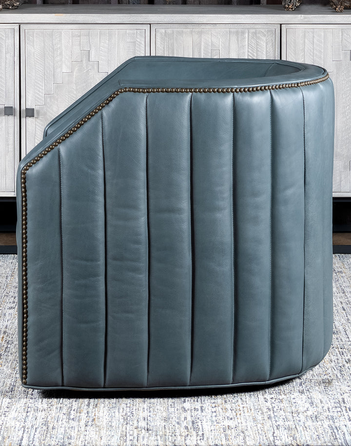 Blue Sky Leather Swivel Chair - Blue Leather - Nail Head Upholstery - Swivel Chair - Tufted Back - Smooth Leather Seat & Arms - Coastal Compass Home Decor