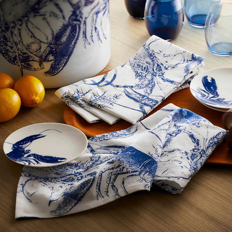 Blue Lobster Appetizer Plates - Blue Lobster Kitchen Towels - Blue & White - Coastal Compass Home Decor