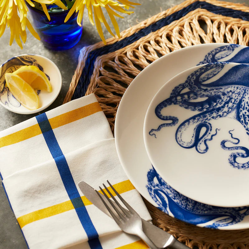 Blue Lucia Dinner Plate - Matching Appetizer Plate - Blue Octopus on white Porcelain - Coastal Compass Home Decor