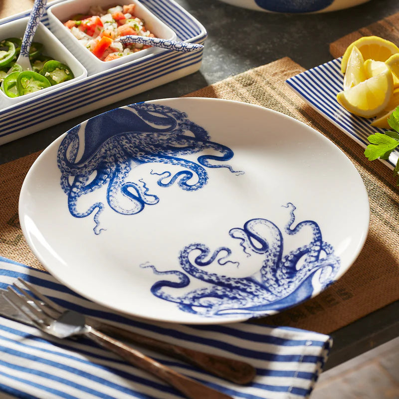 Blue Lucia Coupe Dinner Plate - Blue Octopus on White - Coastal Compass Home Decor