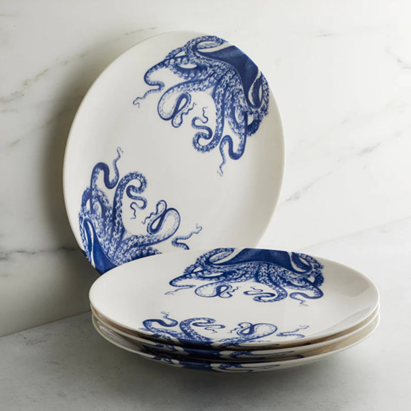 Blue Lucia Coupe Dinner Plate - Blue Octopus on White - Coastal Compass Home Decor