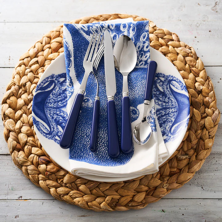 Blue Lucia Coupe Dinner Plate - Blue Octopus on white - Matching Octopus Napkins - Coastal Compass Home Decor