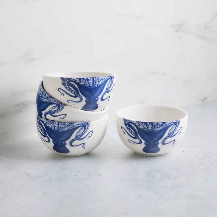 Blue Lucia Snack Bowl - Blue octopus on porcelain white - Coastal Compass Home Decor