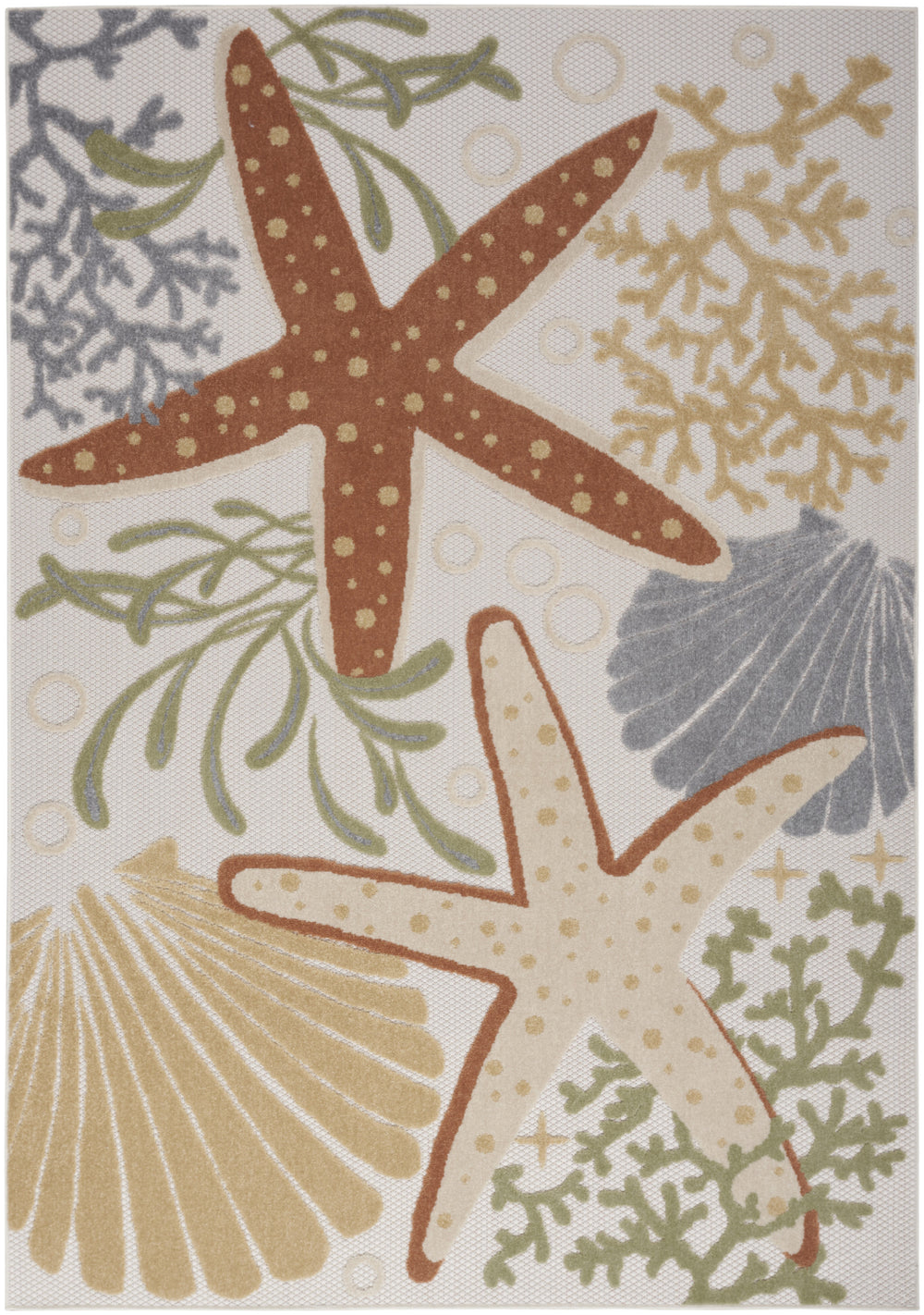 Blue & Orange Starfish Indoor/Outdoor Area Rug - Starfish, seashells & Coral reefs - Tan, Orange, Green & blues - Coastal Compass Home Decor
