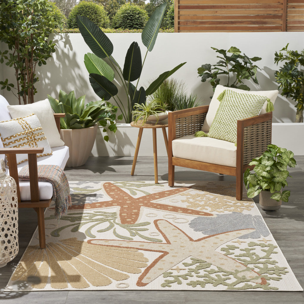 Blue & Orange Starfish Indoor/Outdoor Area Rug - Starfish, seashells & Coral reefs - Tan, Orange, Green & blues - Coastal Compass Home Decor