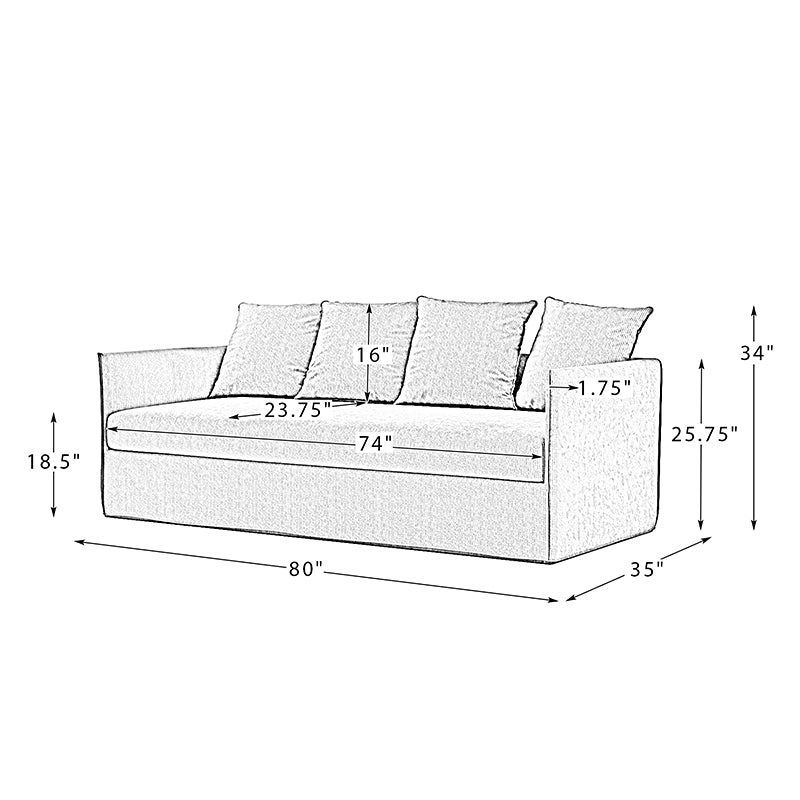 Brighton Cove white slipcovered sofa dimensions showing 80 inch width, 35 inch depth and 34 inch height