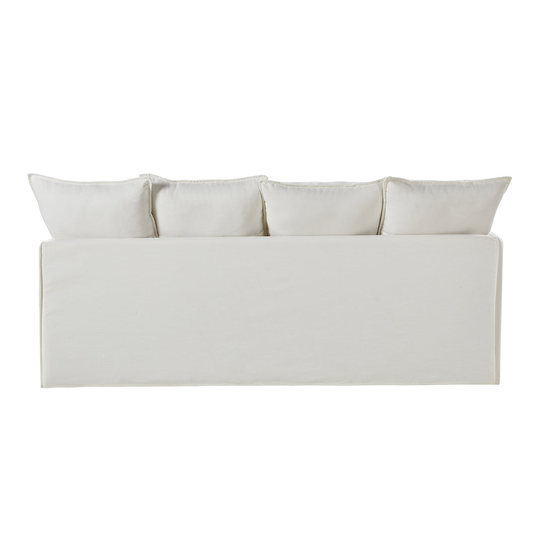Back view of white slipcovered sofa with clean tailored design and deep cushions - Brighton Cove Slip sofa