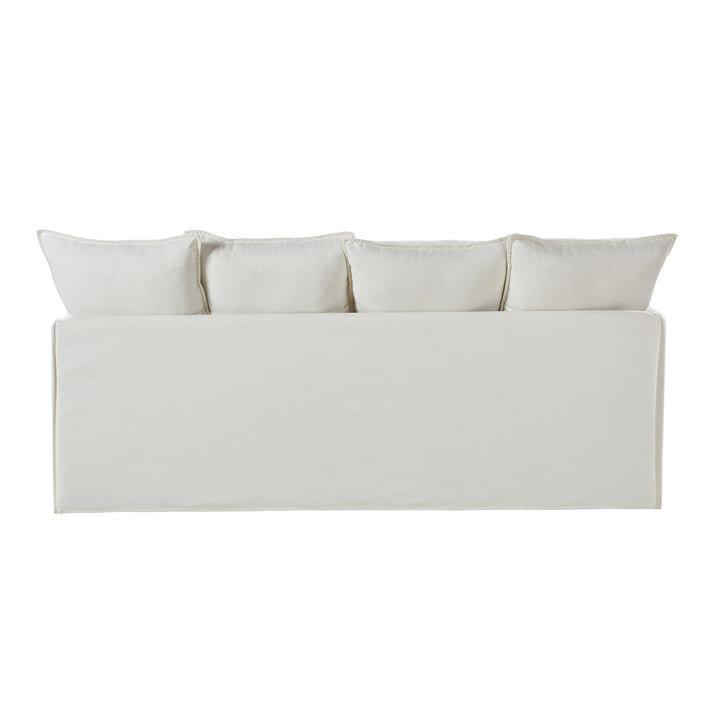 Back view of white slipcovered sofa with clean tailored design and deep cushions - Brighton Cove Slip sofa