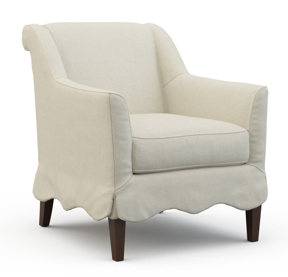 Beige armchair with wooden legs on a white background. Coastal Compass Home Decor 