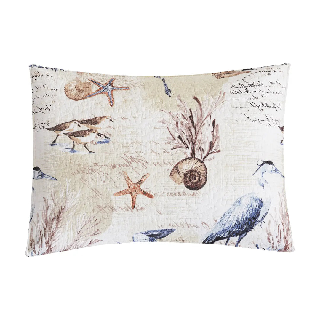 Brunswick Quilted Pillow Sham - Blue Heron, Seashells, starfish & coral on white & Tan - Coastal Compass Home Decor