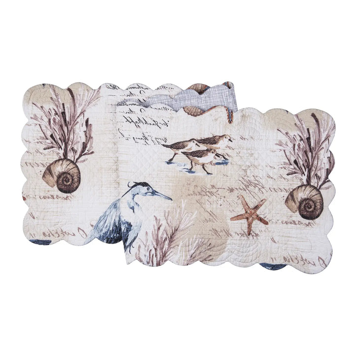 Brunswick Table Runner - Blue Heron, Seashells, Starfish & Coral - Coastal Compass Home Decor