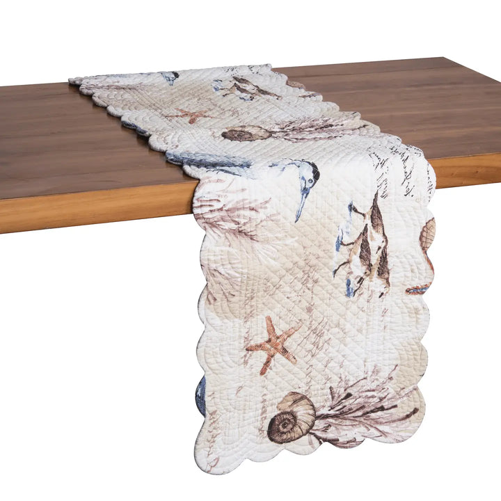 Brunswick Table Runner - Blue Heron, Seashells, Starfish & Coral - Coastal Compass Home Decor