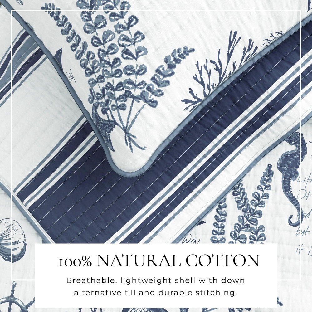 Calypso quilt set with navy blue and white pattern with natural cotton information