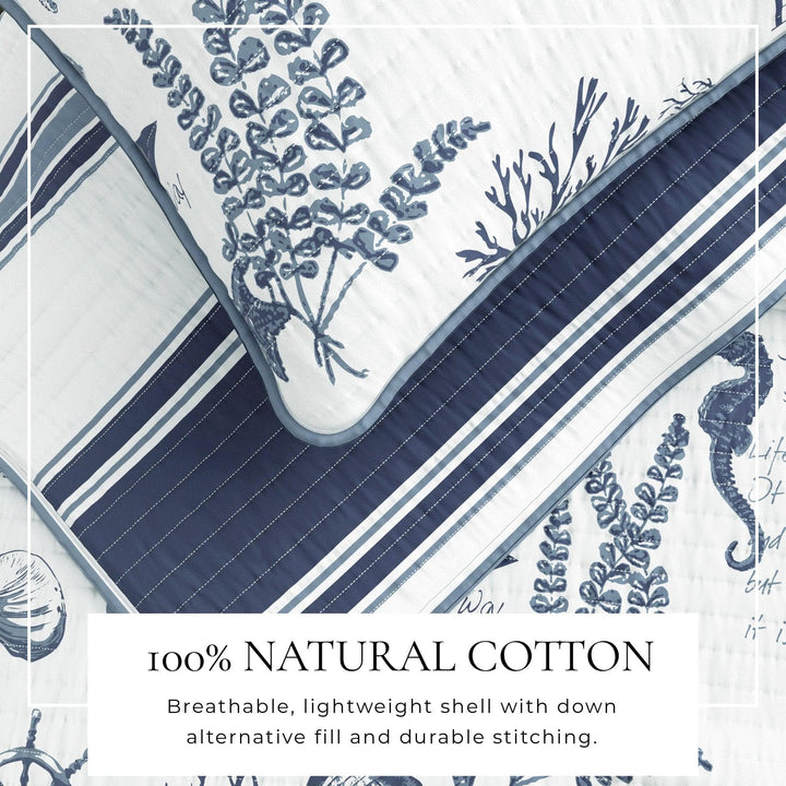 Calypso quilt set with navy blue and white pattern with natural cotton information