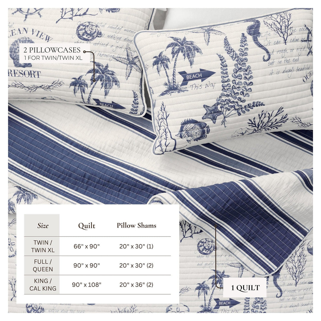 Calypso Nautical-themed quilt set with pillowcases and quilt on a white background