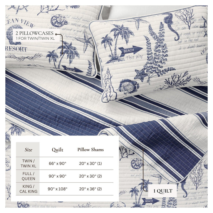 Calypso Nautical-themed quilt set with pillowcases and quilt on a white background