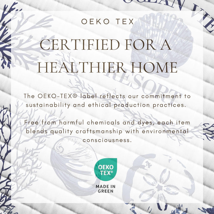 Oeko-Tex certified product with floral design and text about sustainability.