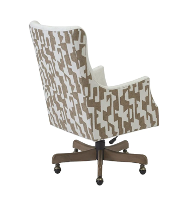 A high-back wingback office chair with a beige and white geometric patterned fabric upholstery, a brown wooden five-star base, and black casters, shown from a three-quarters angle on a white background.