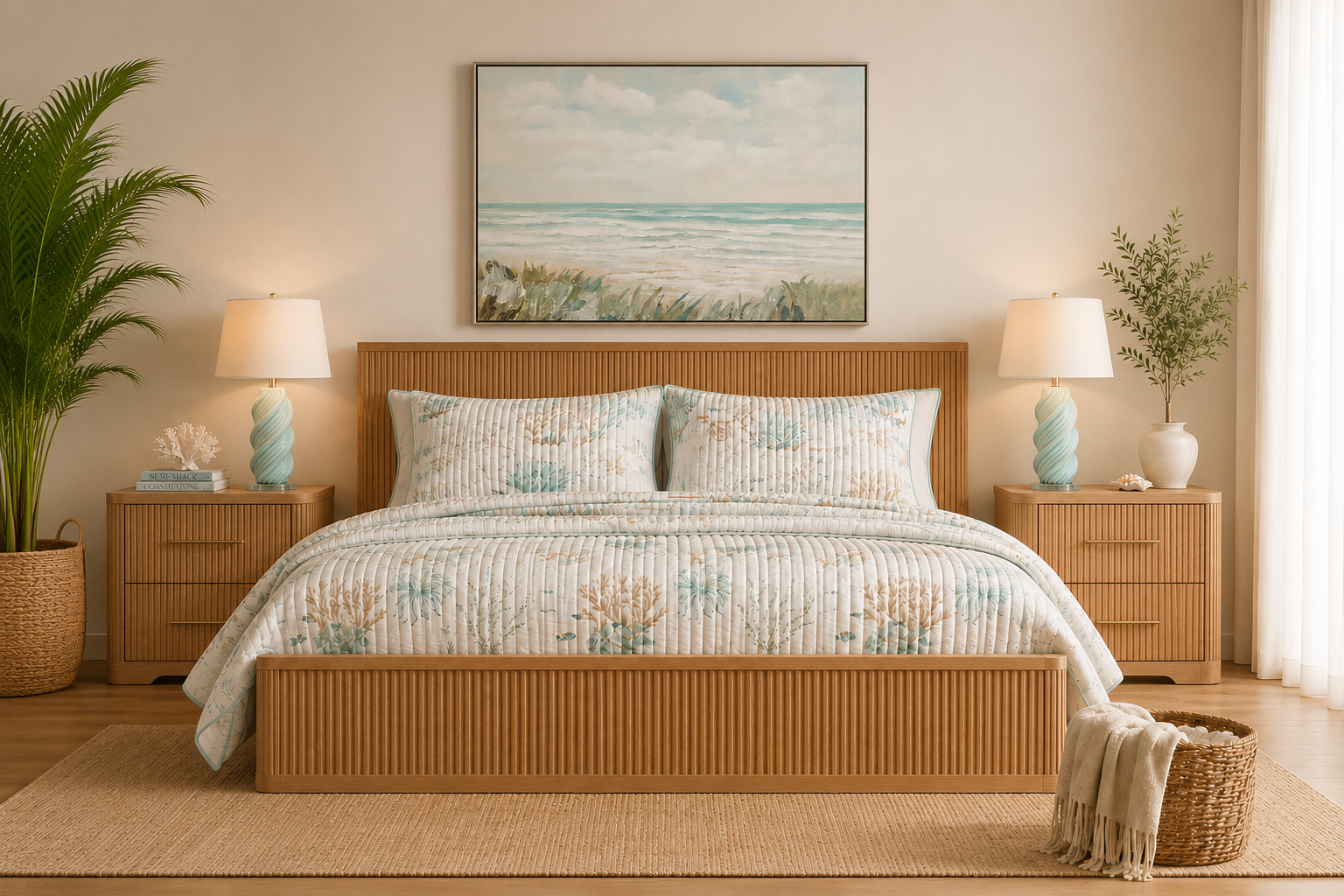 A beautifully styled beach-themed bedroom featuring a light wood slatted bed frame, a matching striped and floral-patterned bedding set, two matching nightstands with lamps, and a framed ocean painting on the wall.