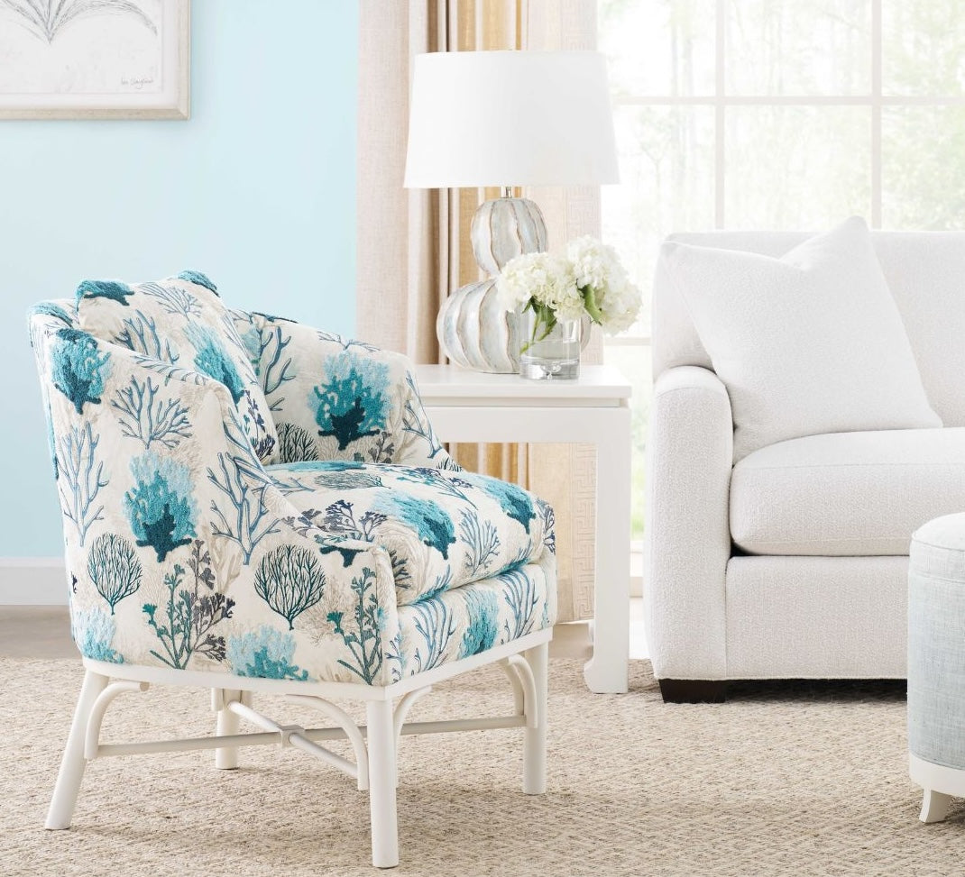 Chloe Accent Chair - Leeann Aqua Fabric Option - Blue & neutral coral reef design - textured fabric - white wood finish frame - Coastal Compass Home Decor