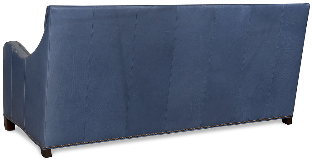 Coastal blue leather sofa back detail - American made - Coastal Compass Home Decor