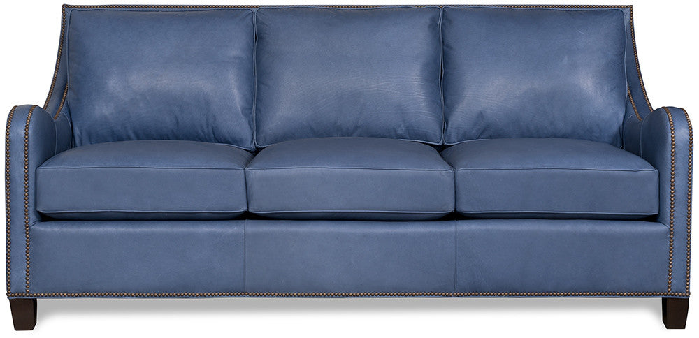 Front of luxury coastal blue leather, American made sofa - Coastal Compass Home Decor
