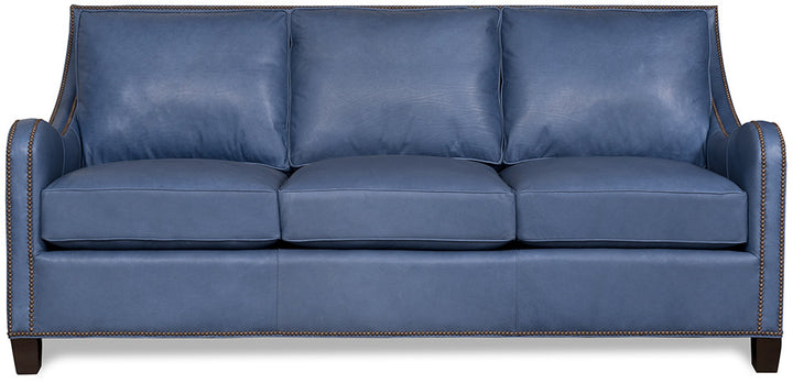 Front of luxury coastal blue leather, American made sofa - Coastal Compass Home Decor