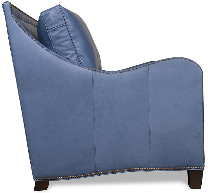 American made coastal blue leather sofa side and arm detail - Coastal Compass Home Decor