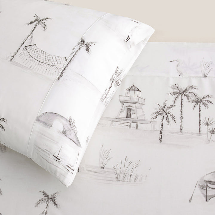 Sheet set with coastal design featuring lighthouse and palm trees - Coastal Compass Home Decor