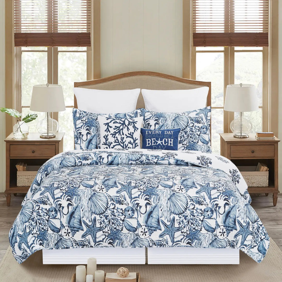 Coastal Blue Shells Reversible Quilt Set - Seashells, Starfish, Octopus, coral - Blue & White - 3 Piece Set - Coastal Compass Home Decor