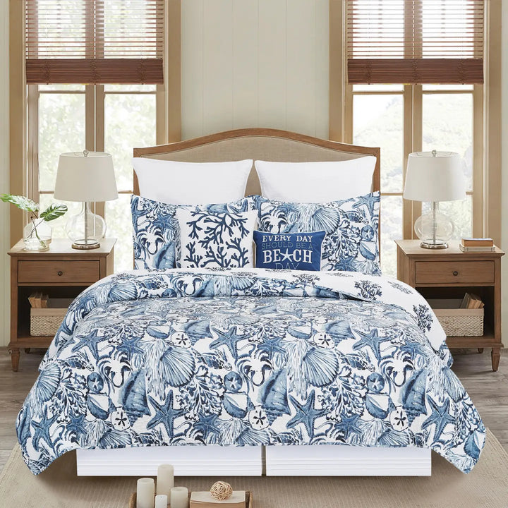 Coastal Blue Shells Reversible Quilt Set - Seashells, Starfish, Octopus, coral - Blue & White - 3 Piece Set - Coastal Compass Home Decor