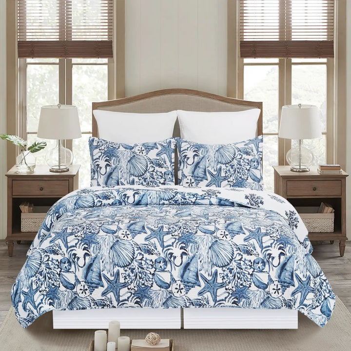 Coastal Blue Shells Reversible Quilt Set - Seashells, Starfish, Octopus, coral - Blue & White - 3 Piece Set - Coastal Compass Home Decor