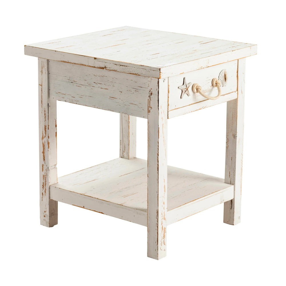 Coastal End Table - Mango Wood - White Finish - Starfish & Seashell Embellishment - Single drawer - Coastal Compass Home Decor