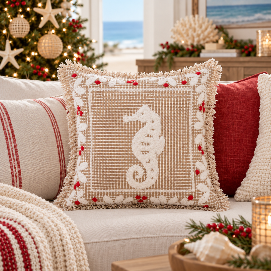 Seahorse Coast Holiday Throw Pillow