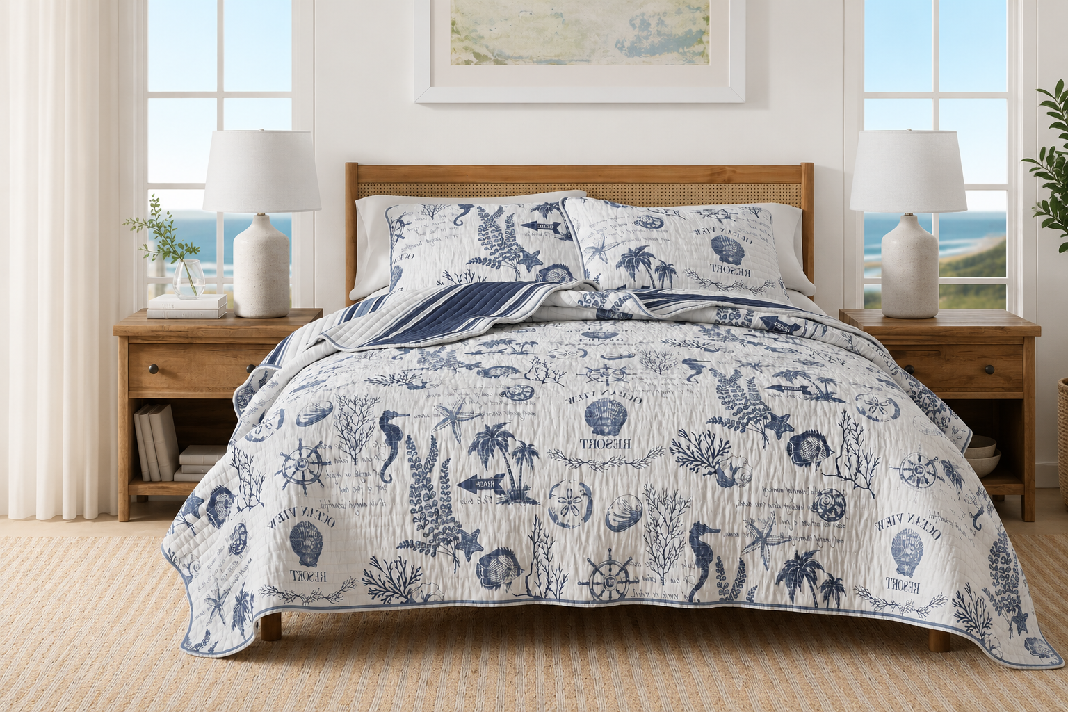 Calypso Coastal Quilt Set featuring nay blue coastal motifs on a rattan bed in a bedroom with ocean view