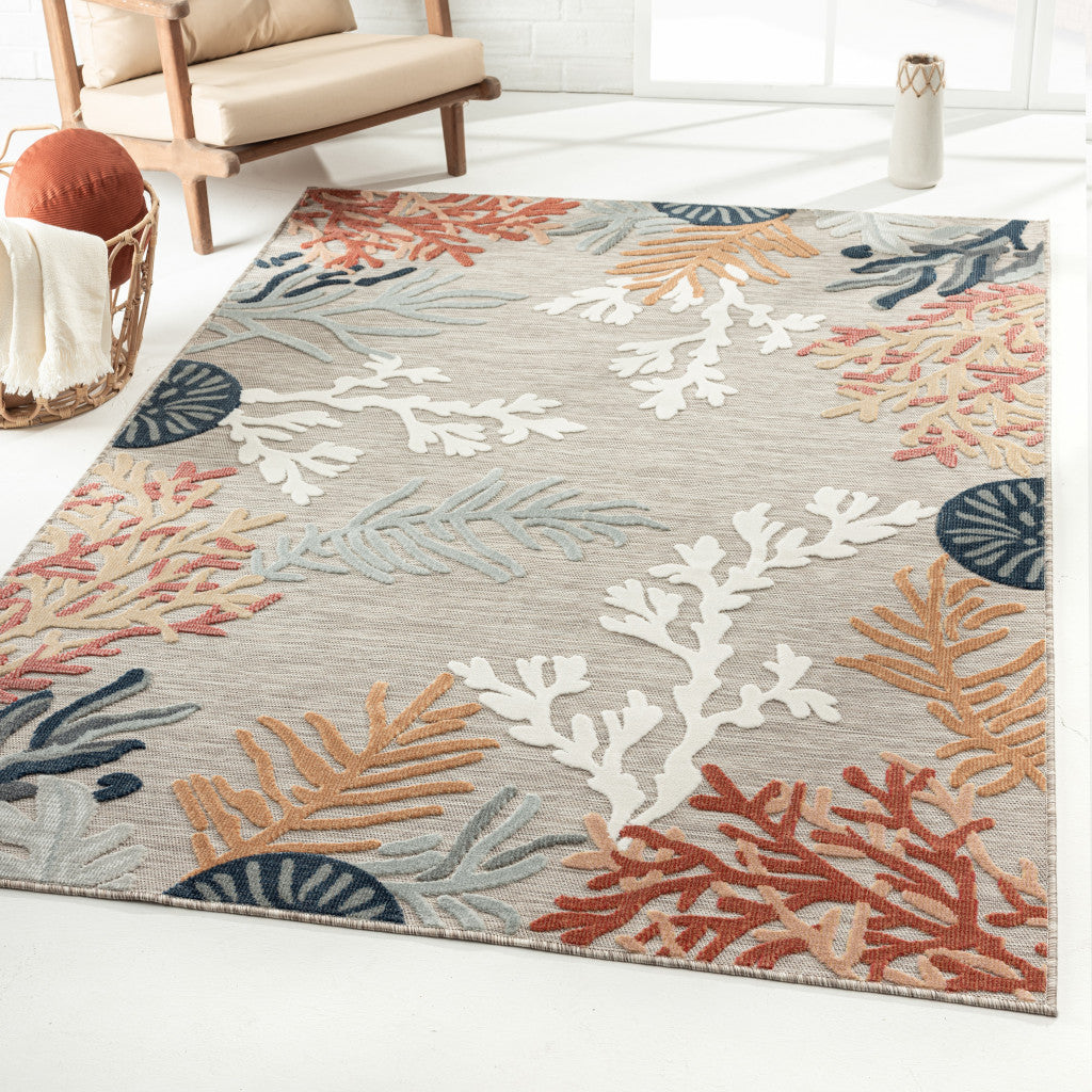 Coastal Coral Indoor/Outdoor Area Rug - orange, white, blue & mint coral reefs on a grey background - Coastal Compass Home Decor