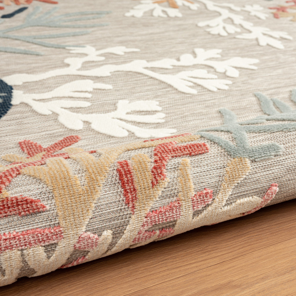 Coastal Coral Indoor/Outdoor Area Rug - orange, white, blue & mint coral reefs on a grey background - Coastal Compass Home Decor