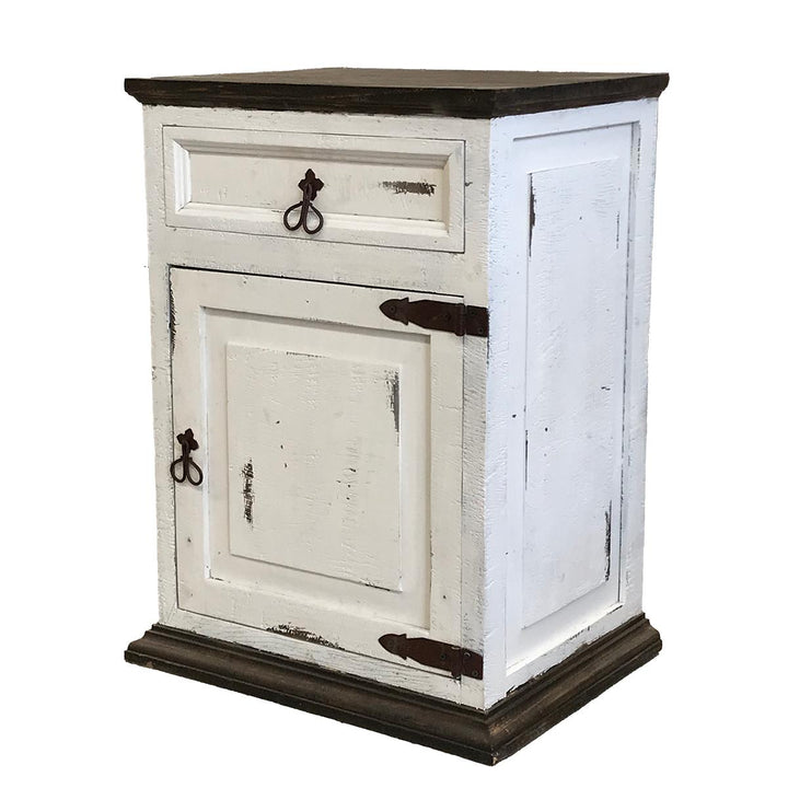 White distressed cabinet with dark wood accents on a white background