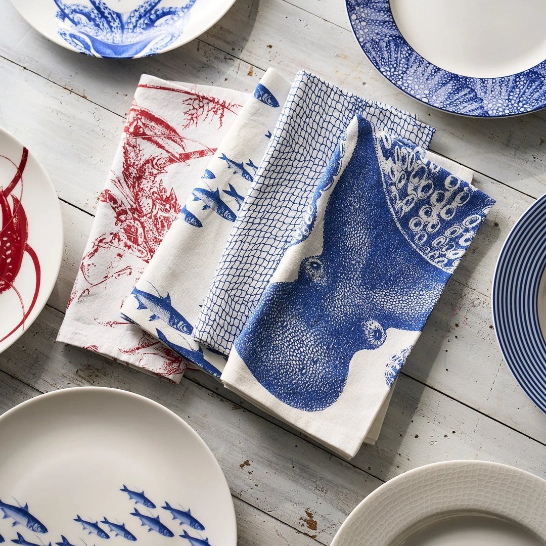 Coastal Napkin Collection - Blue Lucia, Crab Net, School of Fish & Red Lobster - Blue on White and red on White - 4 designs - Coastal Compass Home Decor