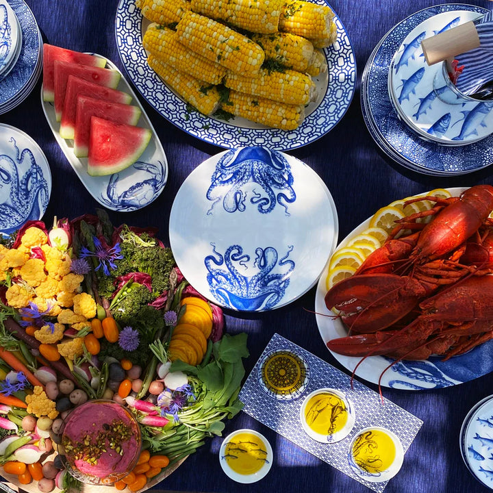 Coastal Serving Platters - Blue & White - Blue Lucia Octopus - Blue Crabs Platter - Bandon Garden Gate Pattern Platters - Coastal Compass Home Decor