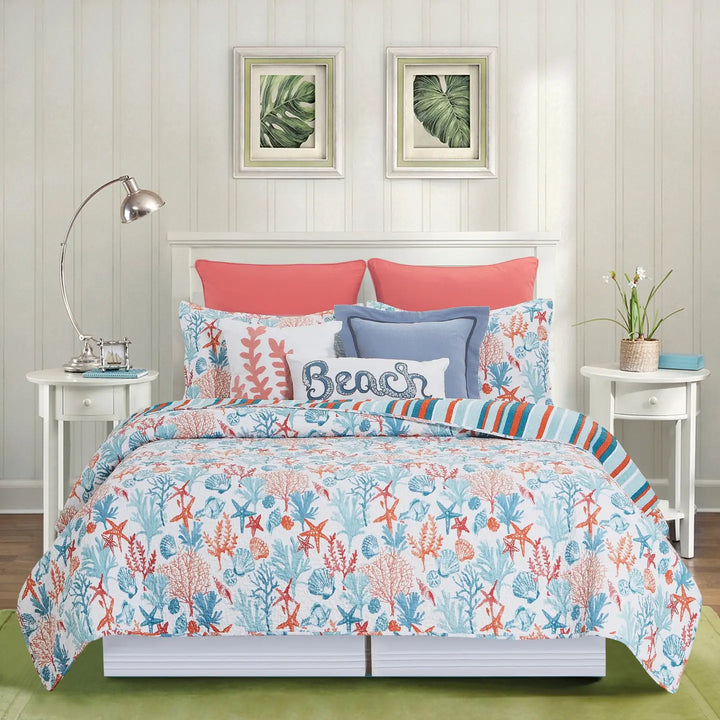 Coastline Reversible Quilt Set - Orange & Blue on white - Reversible Beach Stripes - Seashells, Coral & Starfish - Coastal Compass Home Decor